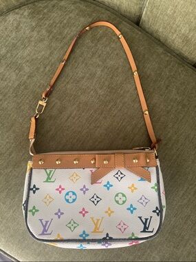 Y2K Louis Vuitton White Multicolor Monogram Mini Shoulder Bag with Tan Trim